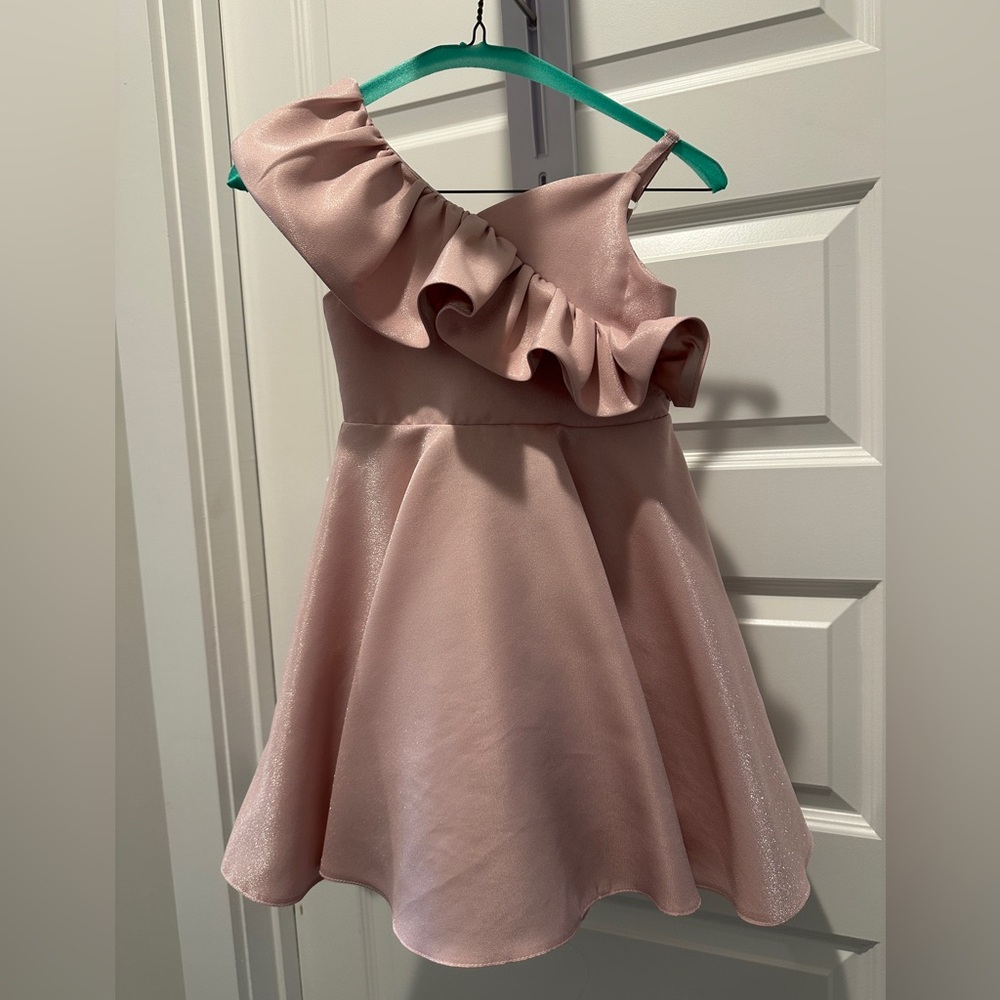 Tulleen Blush Riviera Off Shoulder Ruffle Dress, Pink. Size 7 Girls